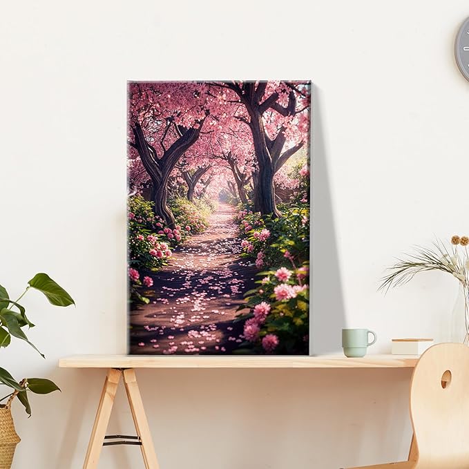 JOOZ Paint by Numbers Kit for Adults Landscape Paint by Number with Frame DIY Cherry Blossom Paint by Number with Easel Flowers Paint by Numbers Kit on Canvas for Gift Home Wall Decor 7.87x11.81 Inch