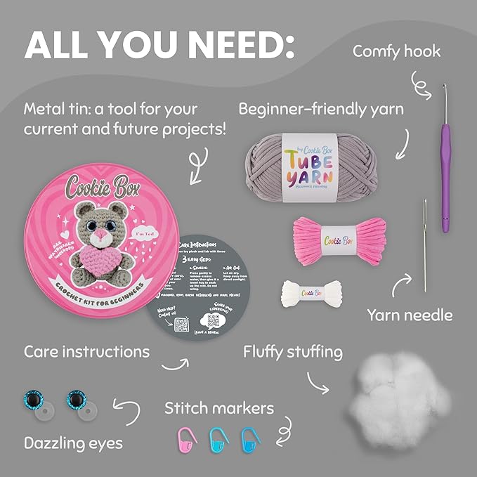 Cookie Box Original Crochet Kit for Beginners – Gift Set to Make Bear Ted Amigurumi Plushie – Easy DIY Crochet & Knitting Starter Kit with Video and PDF Tutorials
