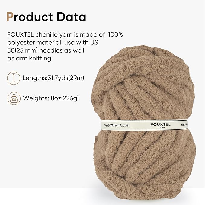8 Jumbo Packs Chunky Chenille Yarn for Crocheting, 31.7 yds, 8 oz Each Skein Bulky Thick Fluffy Yarn for Knitting, Super Bulky Chunky Yarn for Hand Knitting Blanket, Soft Plush Yarn - Khaki