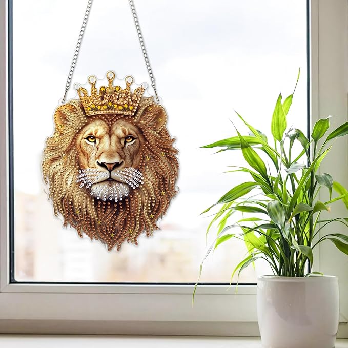 NAIMOER Diamond Art Hanging Kits for Adults Lion 5D Special Shaped Rhinestone, DIY Acrylic Diamond Art Painting Window Pendants Home Garden Wall Hanging Ornament Kits, Double Sided