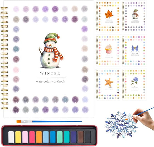 Metyond Beginner Watercolor Workbook Kit - Watercolor Painting Kit with 1 Workbook 12 Colors Paint Set with Brush, Beginner Friendly Watercolor Paint Set Gift for Adults Teens (Winter)