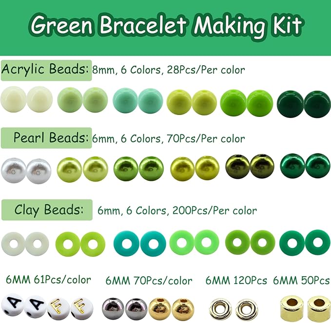 2220Pcs St. Patrick's Day Beads for Bracelets Jewelry Making, Green Assorted Bracelet Making Kit Clay Beads Pearl Beads Acrylic Round Beads Heishi Beads Letter Spacer Beads Bulk for Earrings DIY Craft