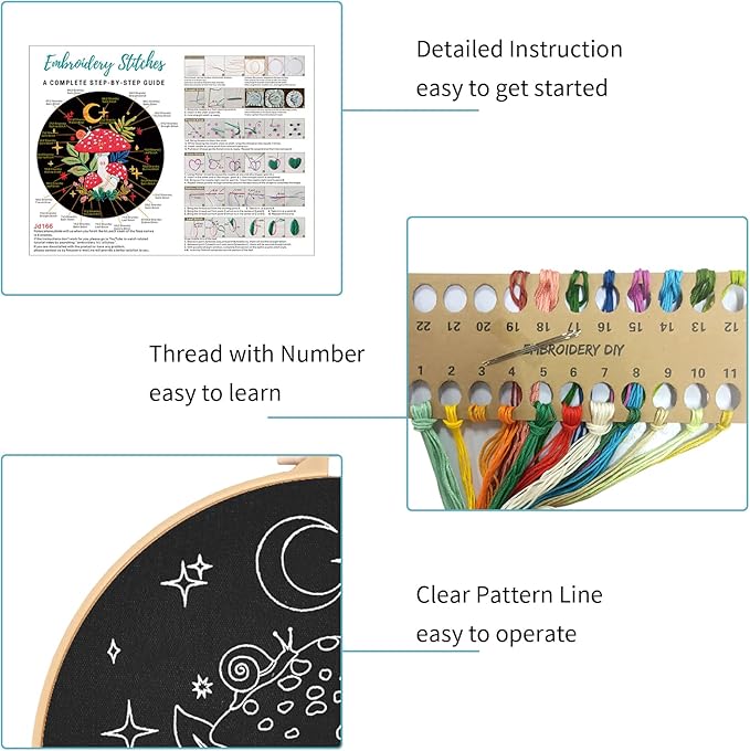 Nuberlic 3 Pack Embroidery Kit for Adults Beginners, Stamped Cross Stitch Mushroom Patterns with Hoop, Thread, Needles & Step-by-Step Guide Easy DIY Starter Kit