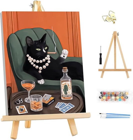 EOBROMD Framed Paint by Numbers Kits for Adults - Wooden Easel, DIY Black Cat Kits Crafts for Beginner, Painting on Stretched Canvas, Oil Paint by Numbers for Home Decor Gift 10x14 Inch