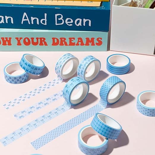Blue Bow Washi Tape - 12 Pcs Watercolor Blue Bow Cherry Washi Colored Masking Decorative DIY Craft Art Tape Set School Office Teacher Scrapbooking Scrapbook Junk Journal Journaling Supplies