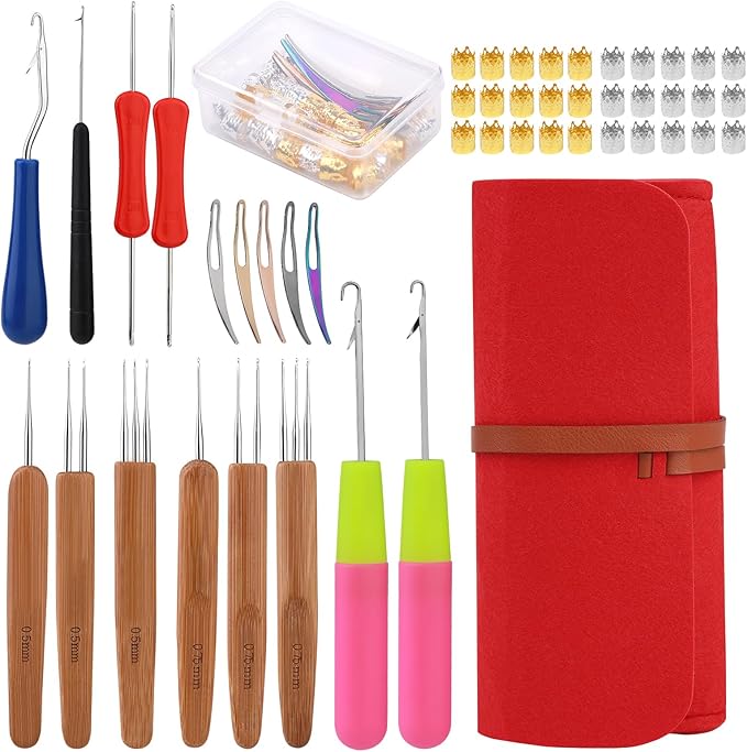Dreadlock Crochet Hook, 48 Pcs Loc Crochet Needle, 6 Dcrochet Hooks for Hair, Different Size Bent Latch Hook, Crochet Needle for Hair Braiding with Case and Dreadlocks Tool (red)