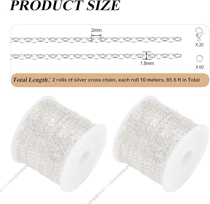 Crisjanggo 2 Rolls 65.6 Feet Stainless Steel Silver Chains for Jewelry Making Silver Plated Chain Roll Necklace Bracelet Jewelry Supplies for Women DIY