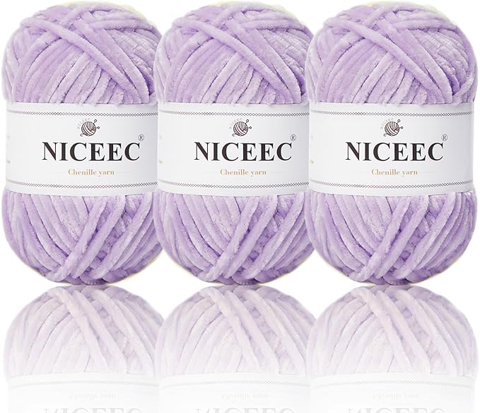 NICEEC 3 Skeins Soft Chenille Yarn Blanket Yarn for Knitting Fancy Yarn for Crochet Weaving DIY Craft Total Length 3×85m (3×93yds, 3×50g)_Light Purple
