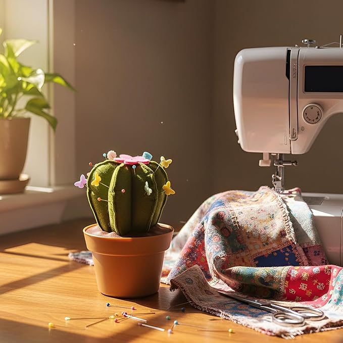 Cactus-Shaped Pin Cushion in a Pot with Included Sewing Notions | Magnetic Pin Holder | Cute Décor for Sewing Desks | Perfect Gift for Quilters, Sewers, Applique & Patchwork Crafters
