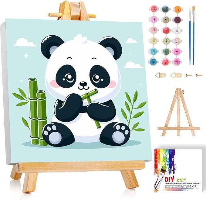 Gemozaic Paint by Numbers Kit for Kids with Frame and Easel, Cute Panda Kids Paint by Number on Canvas for Age 4-8, 8x8 Inch