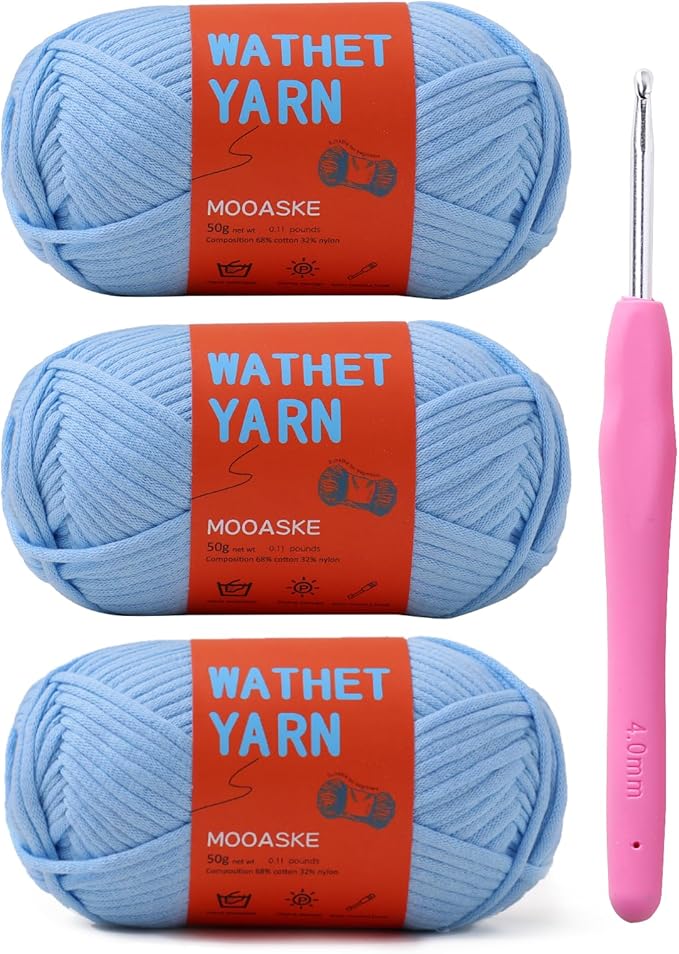 3 Pack (3 x 50g) Crochet Yarn with Crochet Hook - Worsted Medium Yarn for Crocheting - Easy-to-See Stitches Cotton-Nylon Blend Beginner Knitting Yarns for Adults and Kids