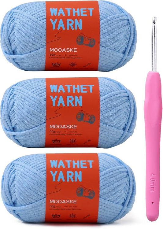 3 Pack (3 x 50g) Crochet Yarn with Crochet Hook - Worsted Medium Yarn for Crocheting - Easy-to-See Stitches Cotton-Nylon Blend Beginner Knitting Yarns for Adults and Kids