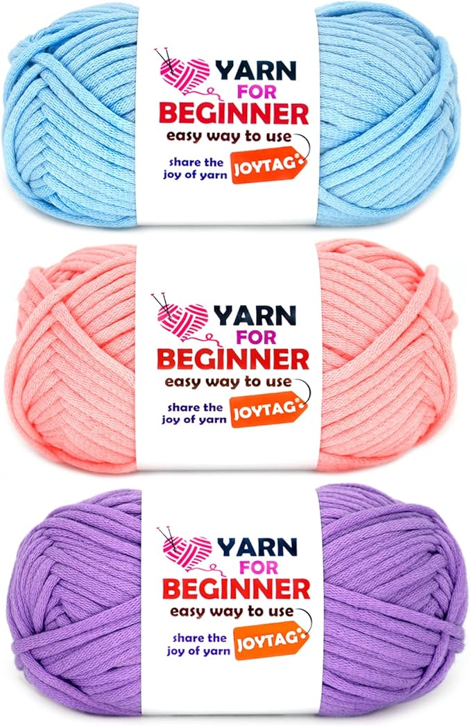 Yarn for Crocheting and Knitting Cotton Crochet Knitting Yarn for Beginners with Easy-to-See Stitches Cotton-Nylon Blend Easy Yarn for Beginners Crochet Kit(3x50g)-Blue+Pink+Purple