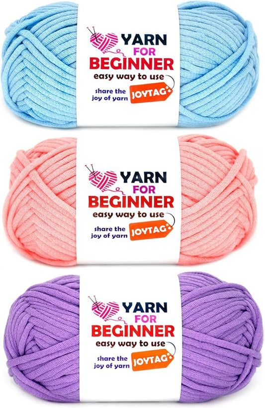 Yarn for Crocheting and Knitting Cotton Crochet Knitting Yarn for Beginners with Easy-to-See Stitches Cotton-Nylon Blend Easy Yarn for Beginners Crochet Kit(3x50g)-Blue+Pink+Purple