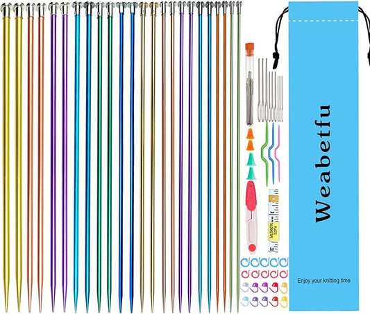 Weabetfu 65pcs Aluminum Metal Knitting Needle Set,Colored Straight Single Pointed Knitting Needles,12 Size 2.5mm-10mm,13.8inch Length for Handmade DIY Knitting with Knitting Accessories