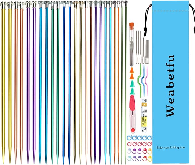 Weabetfu 65pcs Aluminum Metal Knitting Needle Set,Colored Straight Single Pointed Knitting Needles,12 Size 2.5mm-10mm,10inch Length for Handmade DIY Knitting with Knitting Accessories