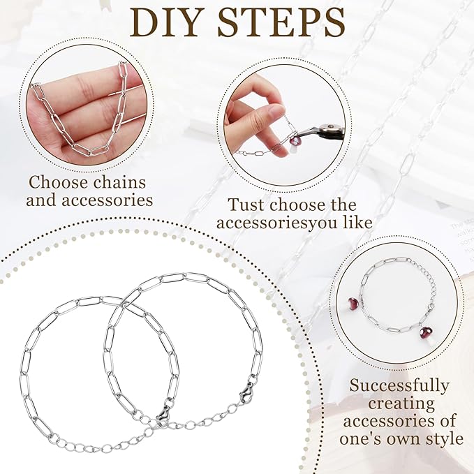 20Pcs Chain Charm Necklace Bracelet Making Kit, Adjustable Paperclip Bracelet necklace chains for charm jewelry making Alloy Link Chains with Lobster Clasps for Women DIY Jewelry Making (Silver)