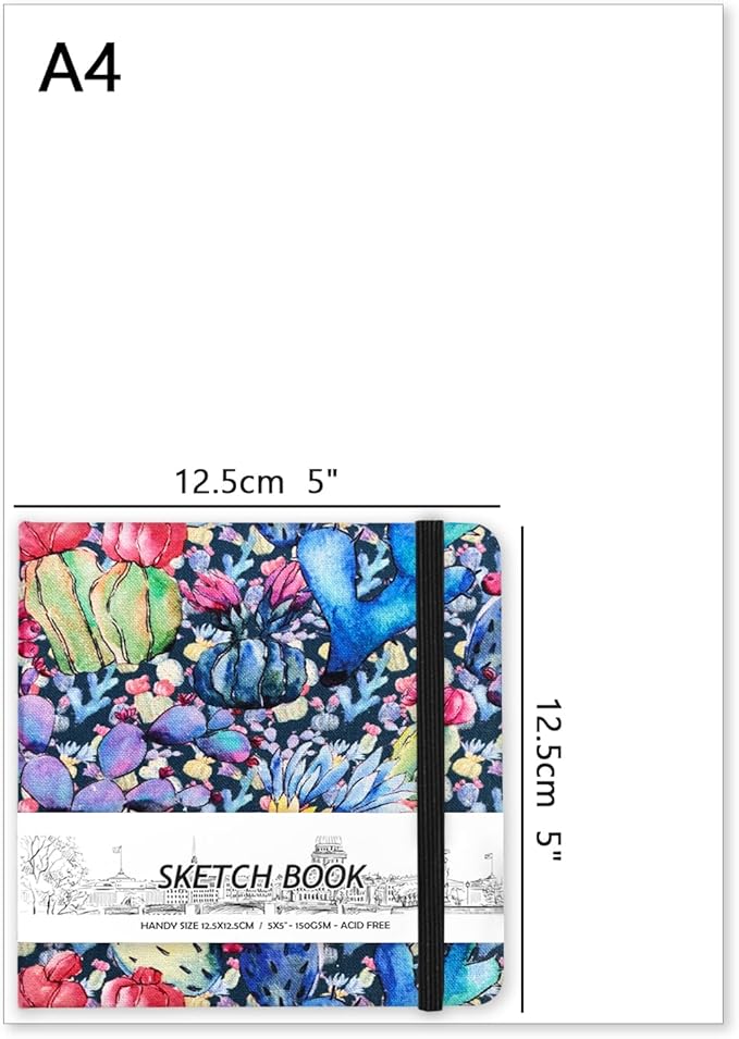 5" x 5" Hardcover Sketch Book,Small Mixed Media Sketch Pad,58 Sheets 150GSM Acid-Free Artist Drawing Paper,Travel Journal Blank Notebook for Adults Painting,Illustration,Art Supplies.Cactus Flower