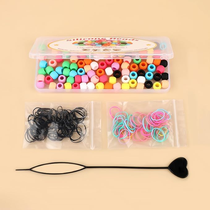 AD Beads 100PCS 6x9mm Soft Pony Silicone Beads for Hair, Mixed Color with 80 Elastic Bands, Tool and Storage Box Kit for Braids, Bracelet, Crafts