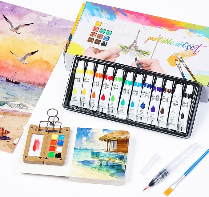 Mini Watercolor Paint Set, Travel Watercolor Paint kit with 12 Colors, Refillable Brush & Sketchbook, Ideal Watercolor Palette for Travel, Creative Painting Kit for Beginners and Artists(8 Gird)
