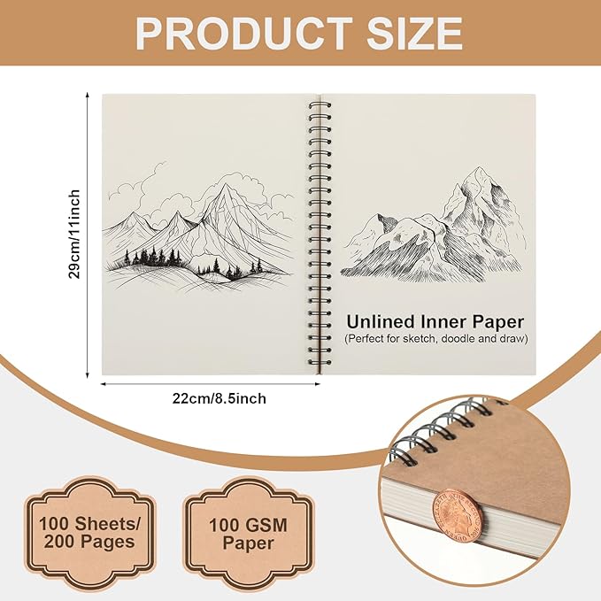PerKoop 1 Pcs 8.5"x11" Spiral Sketch Pad A4 Large 100 Sheet Blank Notebook Sketch Pads 60 lbs (100 GSM) Back to School Gifts Sketching Drawing Pad Journals Art Sketchbook for Teachers Students Kids