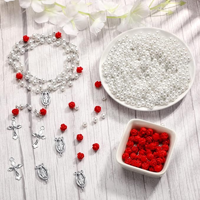 Highergo 1220 Pcs Rosary Making Supplies Rosary Pearl Beads Carved Rose Cross Centerpiece Crucifix Medal Silver Jesus Maria Pendant for Bracelet Necklace Jewelry, Red