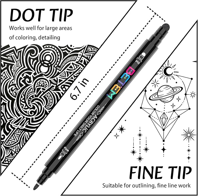 Betem 6 Black Dual Tip Acrylic Paint Pens Markers, Fabric Decorating Kits Premium Water-Based Acrylic Paint Markers for Fabric, Rock, Wood, Glass, Eggs, Canvas, Ceramic, Easter Basket Stuffers