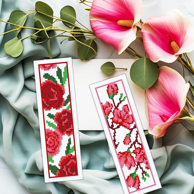 INFUNLY 6pcs Red Rose Cross Stitch Bookmark Kits DIY Sunflower Peach Blossom Embroidery Bookmark Kits for Beginners with Instruction Blue Flower Bookmark Making Kit for Book Lovers Readers Women Gifts