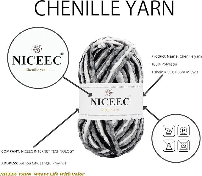 NICEEC 3 Skeins Soft Chenille Yarn Blanket Yarn for Knitting Fancy Yarn for Crochet Weaving DIY Craft Total Length 3×85m (3×93yds, 3×50g)_Black White Gray
