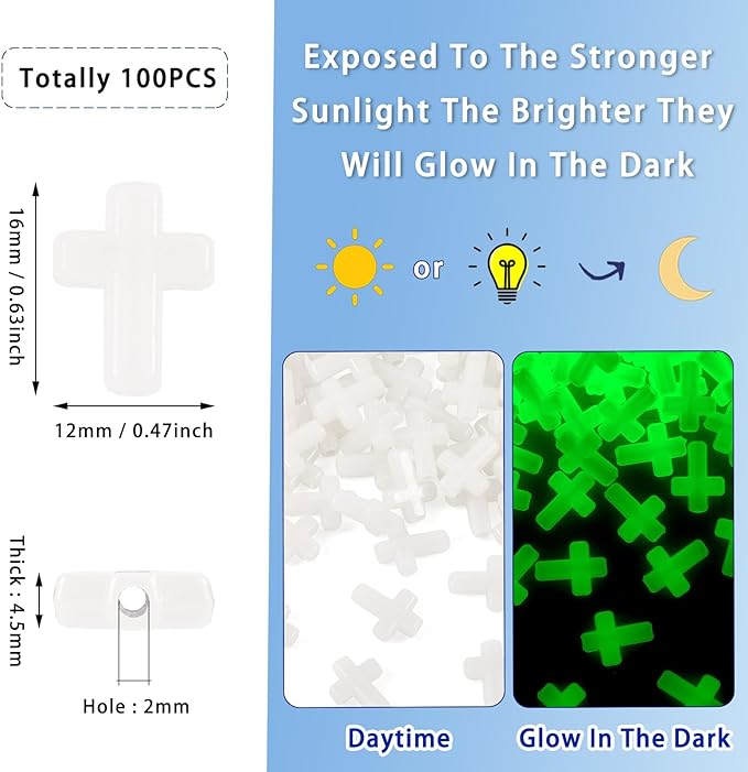 FASHEWELRY 100Pcs Acrylic Cross Beads for DIY Jewelry Making - Glow in The Dark Luminous Crucifix Rosary Spacer Easter Beads for Necklace Bracelet Earring