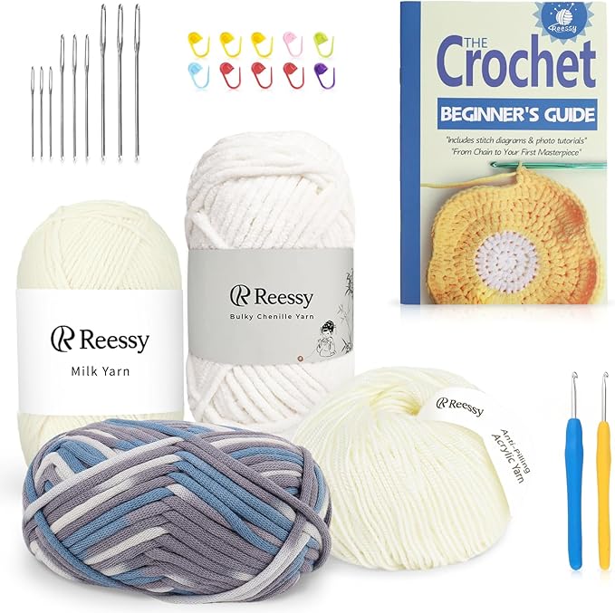 Reessy Crochet Yarn Kit for Beginners – 4 Yarns Sampler Pack (Acrylic, Cotton, Velvet Chenille, Beginner Yarn) with Hooks & Accessories – All-in-One Crochet Starter Kit for Beginners Adults (B)