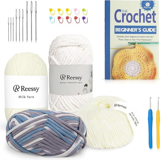 Reessy Crochet Yarn Kit for Beginners – 4 Yarns Sampler Pack (Acrylic, Cotton, Velvet Chenille, Beginner Yarn) with Hooks & Accessories – All-in-One Crochet Starter Kit for Beginners Adults (B)
