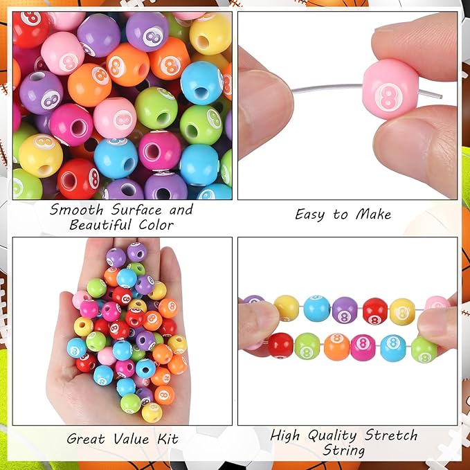 100pcs Billiard Beads with 5.5 Yard Elastic Rope,Acrylic Sports Beads DIY Spacer Bead for Necklace Bracelet Keychains Handmade Jewelry Making Accessories Craft Supplies,12mm (Billiard)