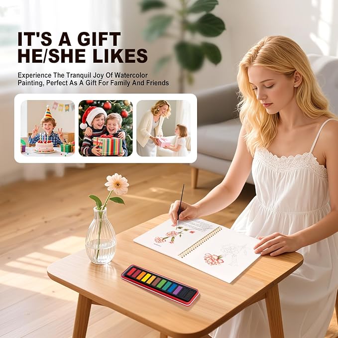 Metyond Beginner Watercolor Workbook Kit - Watercolor Painting Kit with 1 Workbook 12 Colors Paint Set with Brush, Beginner Friendly Watercolor Paint Set Gift for Adults Teens (Flowers)