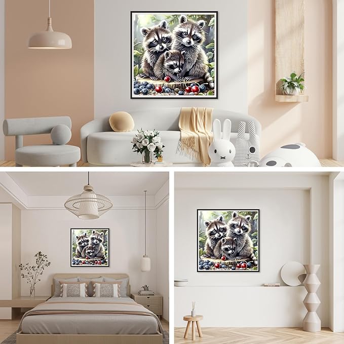 SENQAO 5D Animals Diamond Painting Kits for Adults, Raccoon Family Diamond Art Kits for Adults Beginner, DIY Full Drill Diamond Dot Gem Painting for Home Wall Decor 12x12inch