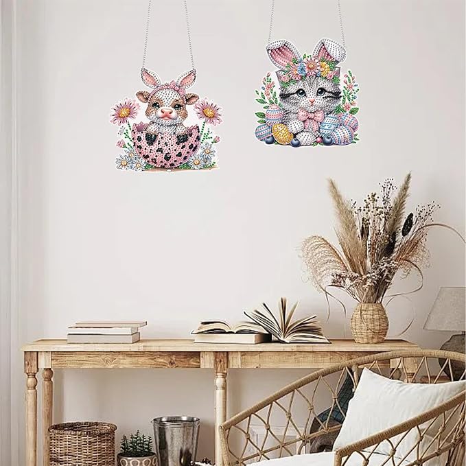 TDFERAN 2 Set Hanging Diamond Art Painting Kit Easter Ornament Cat Cow Painting Pendant Animal Diamond Gem Kits Ornament Kit for Adults DIY Acrylic Crystal Board Painting