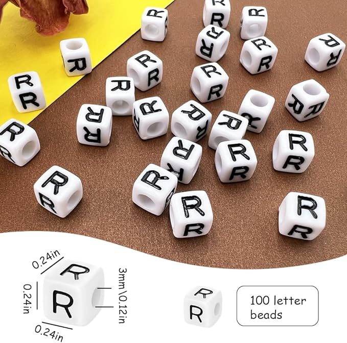 MIIIM 100pcs Pony Beads Letter R for Keychains Making, 6x6mm Large Hole Square Letter Beads for Bracelets Making, Alphabets, Numbers (White and Black)