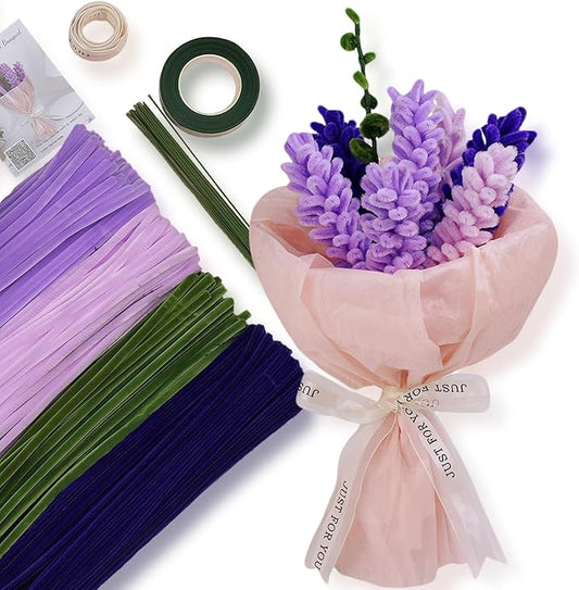 HUEYTON Thick Lavender Pipe Cleaners Craft Set - 400Pcs Chenille Stems for Full & Delicate DIY Lavender Bouquets, Include Stems & Accessories, Ideal for Art Crafts, Home Decor & Gift Making