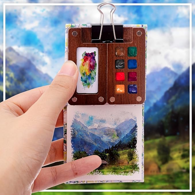 Qilery Mini Portable Watercolor Palette Set Wooden Grid Paint Box Watercolor Paper Sketch Book Brush Pens with Binder Clip for Painters Artist Not Include Paint(Small Flowers)