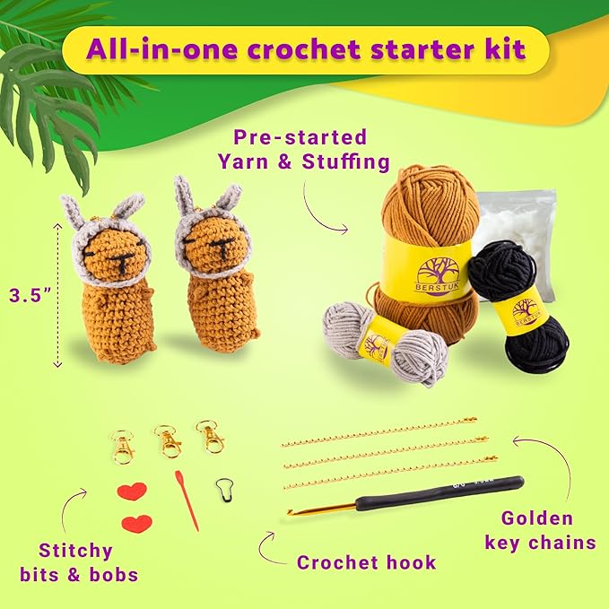 Berstuk Wiggles & Pompom – Hoppy Capybara Crochet Kit for Beginners – Easy Amigurumi Animal Kit with Yarn, Hook, Keychains & Video Tutorials – Cute DIY Gift for Adults & Teens