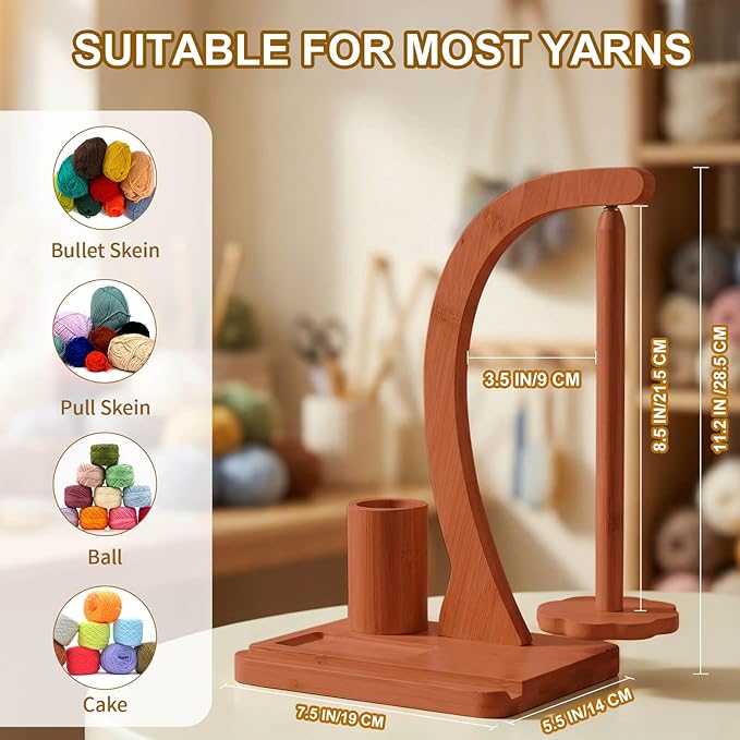 SPEENSUN Crochet Yarn Holder, Bamboo Yarn Holder Spinner with Magnetic Rotating Anti-Tangle Design, 1.1lbs Capacity, 3-in-1 Storage for Hooks/Markers, Phone Stand, Best Crochet Accessories Gifts