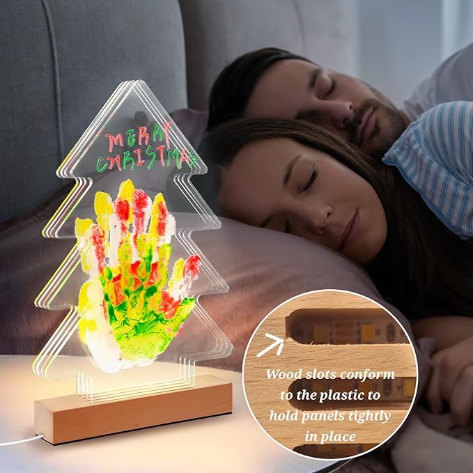 cepairng 4-layer christmas tree family handprint kit with light,new parents gift for couples,baby shower gifts for mom dad,first birthday gifts for girls keepsake boys personalized(wood color)