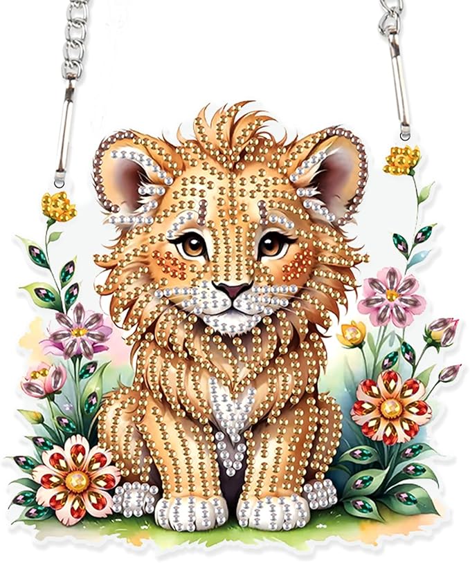 DIY 5D Diamond Painting Hanging Ornament Kit Lion Design, Handmade Acrylic Diamond Art Irregular Shape Pendant, Decorative Hanging for Home, Garden, Wall, Door, and Gift
