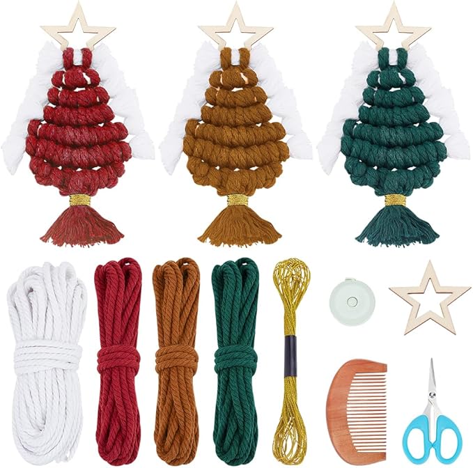 FREEBLOSS 6 Set Macrame Christmas Tree with Pentagram Chips Boho Decor Christmas Macrame Hanging Ornament Christmas Tree Ornaments Macrame Kit for Beginners