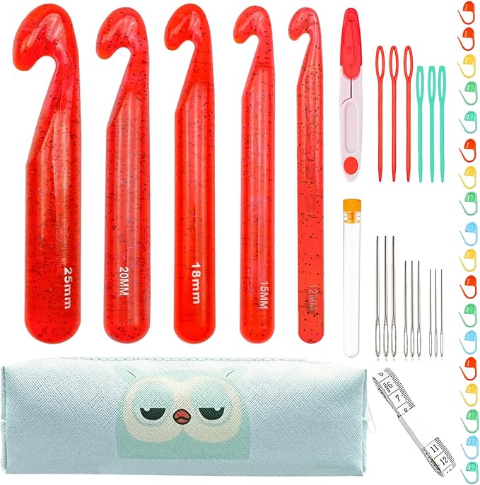 Hobekoee 43 Pcs Large Crochet Hooks Set,12mm 15mm 18mm 20mm 25mm Large Crochet Hooks for Chunky Yarn,Plastic Crystal Smooth Big Crochet Needles for Handmade DIY Crochet with Storage Bag