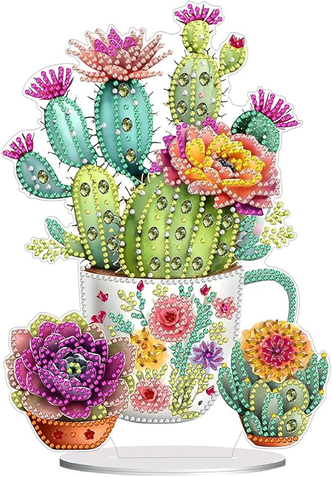 hyzsj DIY Diamond Desktop Ornament Cactus, Crystal Diamond Art Painting Tabletop Ornaments Single Sided, Diamond Ornament for Adult Beginner Home Office Decor Crafts Gift