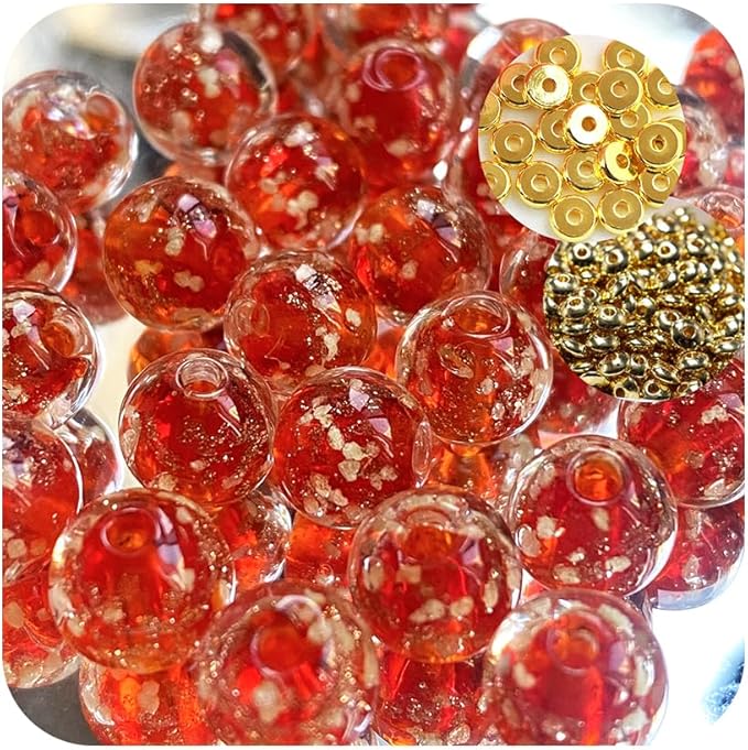 8mm 200pcs Glow in The Dark Glass Beads with Holes for Jewelry Making Bracelets Earrings Necklace Bulk Lampwork Solar Unique DIY Crafts Gold Spacer Beads Kit(100pcs Beads+100pcs Spacer)