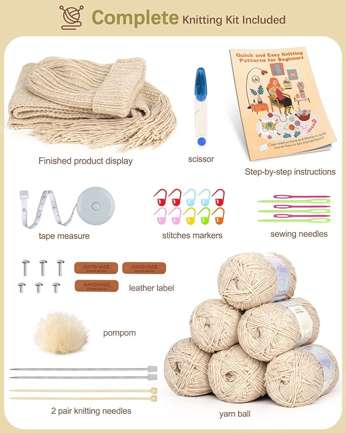katech beginner knitting kit - learn to knit kit for adults & kids - complete hat, scarf, gloves starter kit with step-by-step instructions