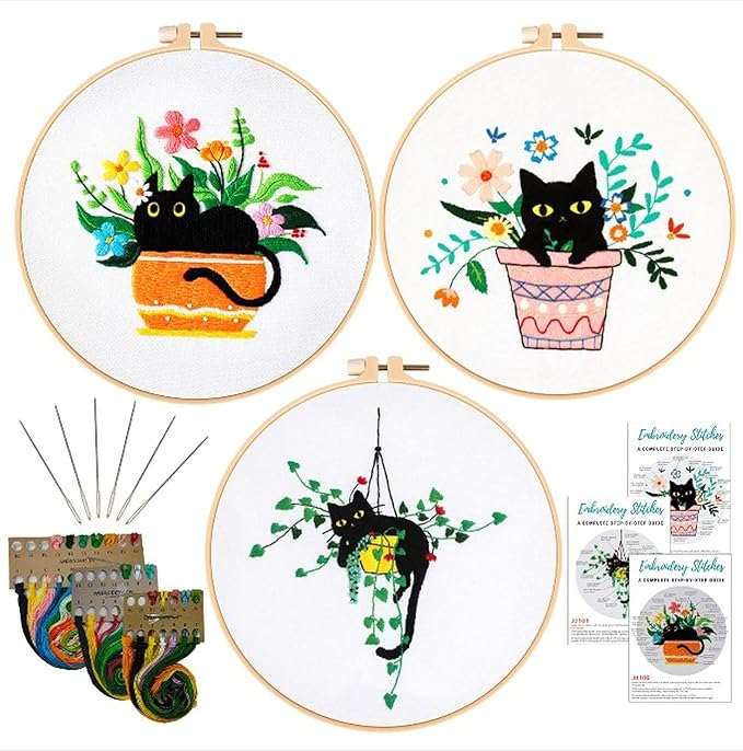 Nuberlic 3 Sets Cute Cat Embroidery Kit for Adults Beginners, Stamped Cross Stitch Starter Kits Include Needlepoint Cloth Hoops Needles Threads and Instruction