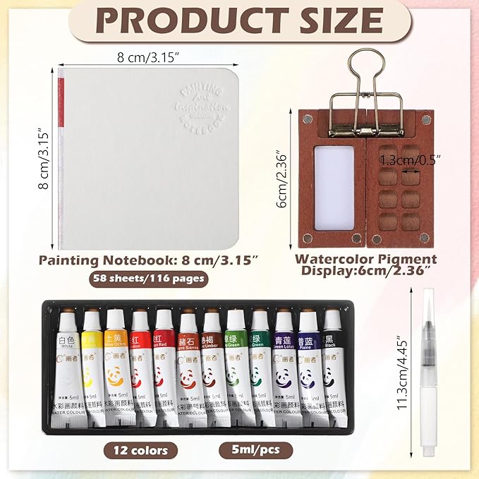 6 Set Mini Watercolor Paint Set Paint Palette Travel Kit Pocket Artist Watercolor Travel Kit with Wooden Grid Palette Box Sketchbook Brush Pens Paints Clips for Beginners Artists Painters